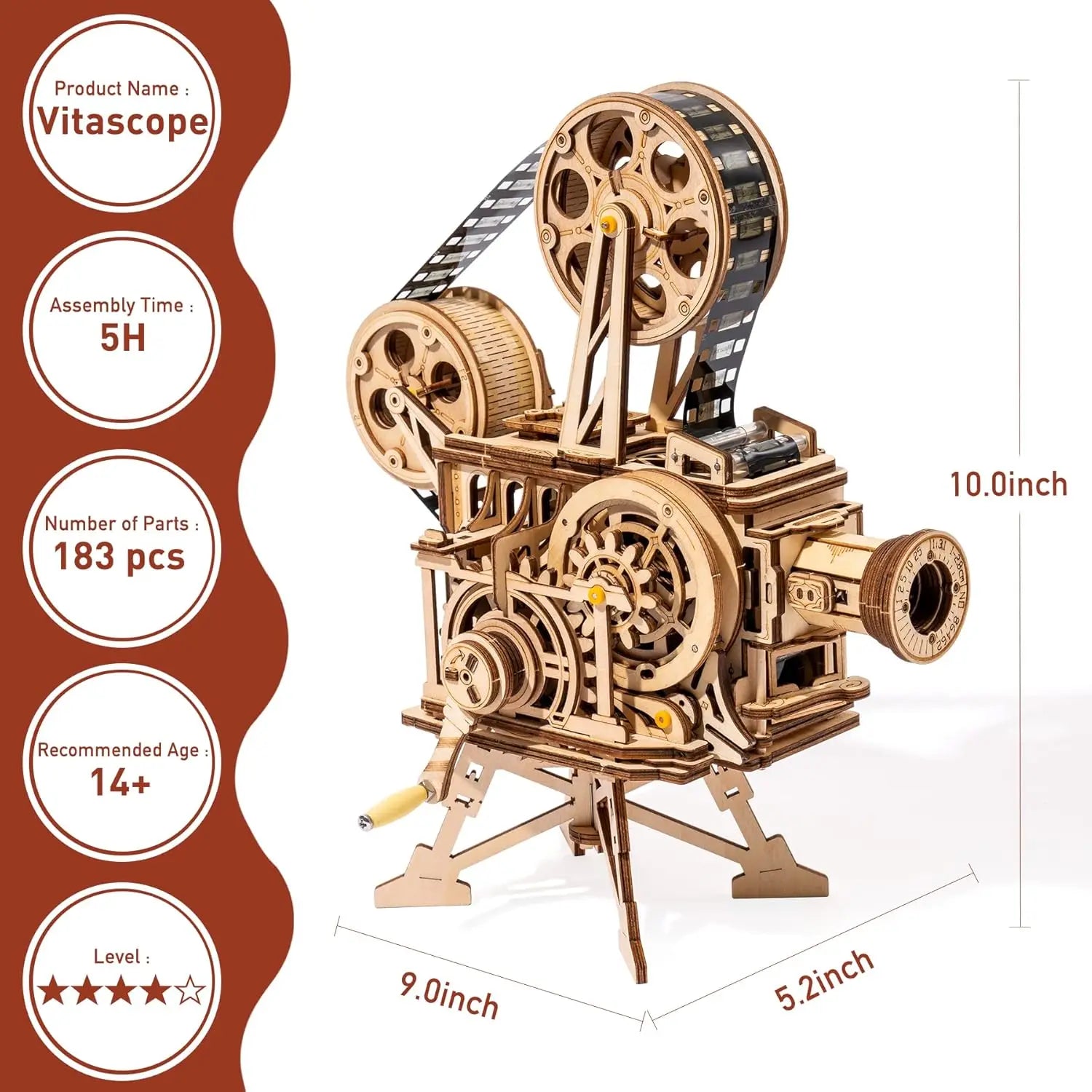 Robotime rokr hand crank projector classic film vitascope 3d wooden puzzle model building toys for children adult lk601