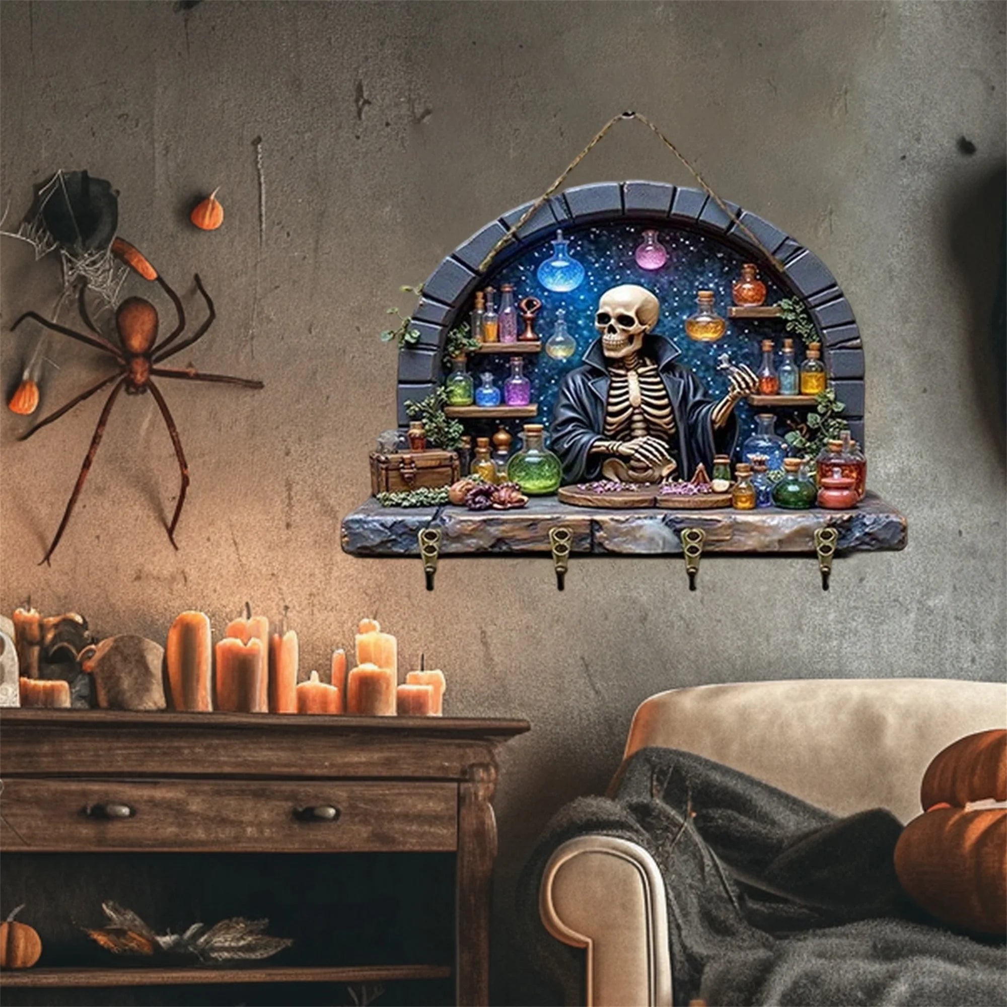 Spooky halloween ghost key rack for wall wooden 2d flat haunted house hooks hanging art entryway living room home