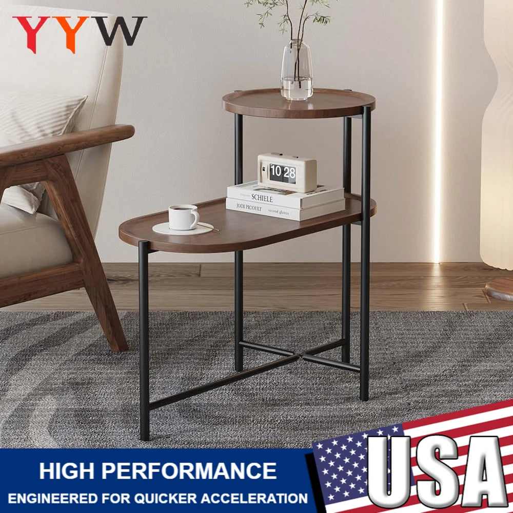 2-tier end table round and oval sofa side medical food tray overbed bedside for living room bedroom patio - brown