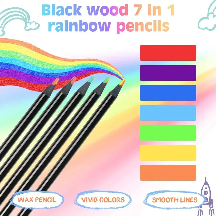48 pcs 7 in 1 black wooden rainbow pencils bulk multicolored assorted colors art plies for adults drawing coloring sket