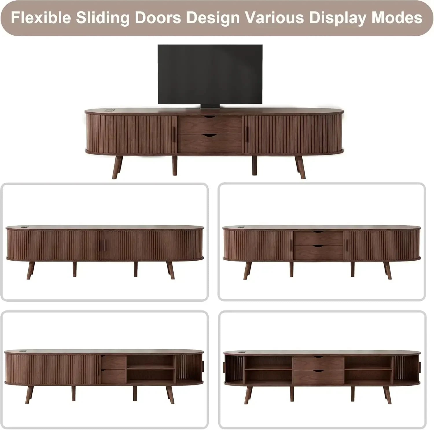 Fluted entertainment center living room,69’’ mid century modern tv stand with charging station,drawer and shelf bedroom