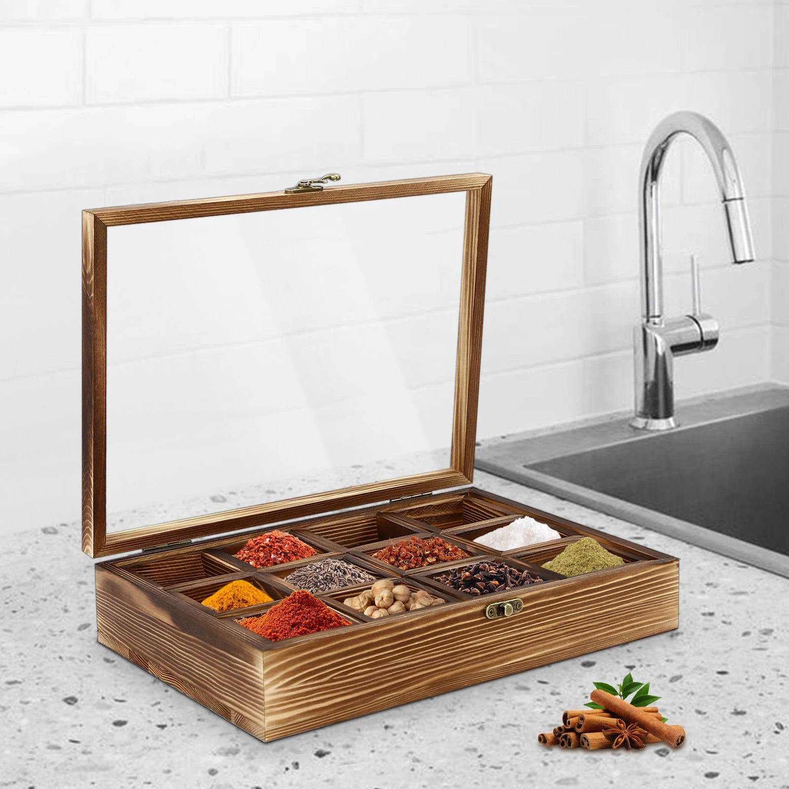 Spice rack with 12 compartments pine wood non-toxic and odorless retro style large capacity easy to clean ideal