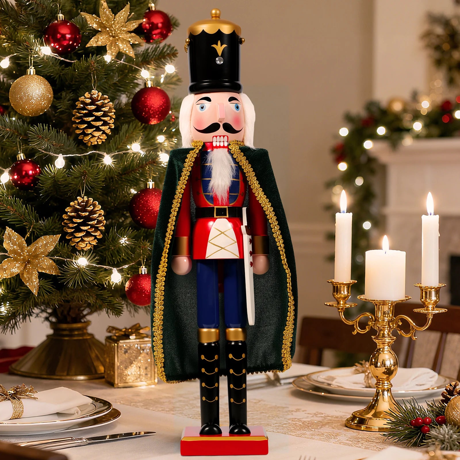 Wood nutcracker with detailed cloak 2-in-1 christmas tree ornament and standalone desktop toy for holiday decorating
