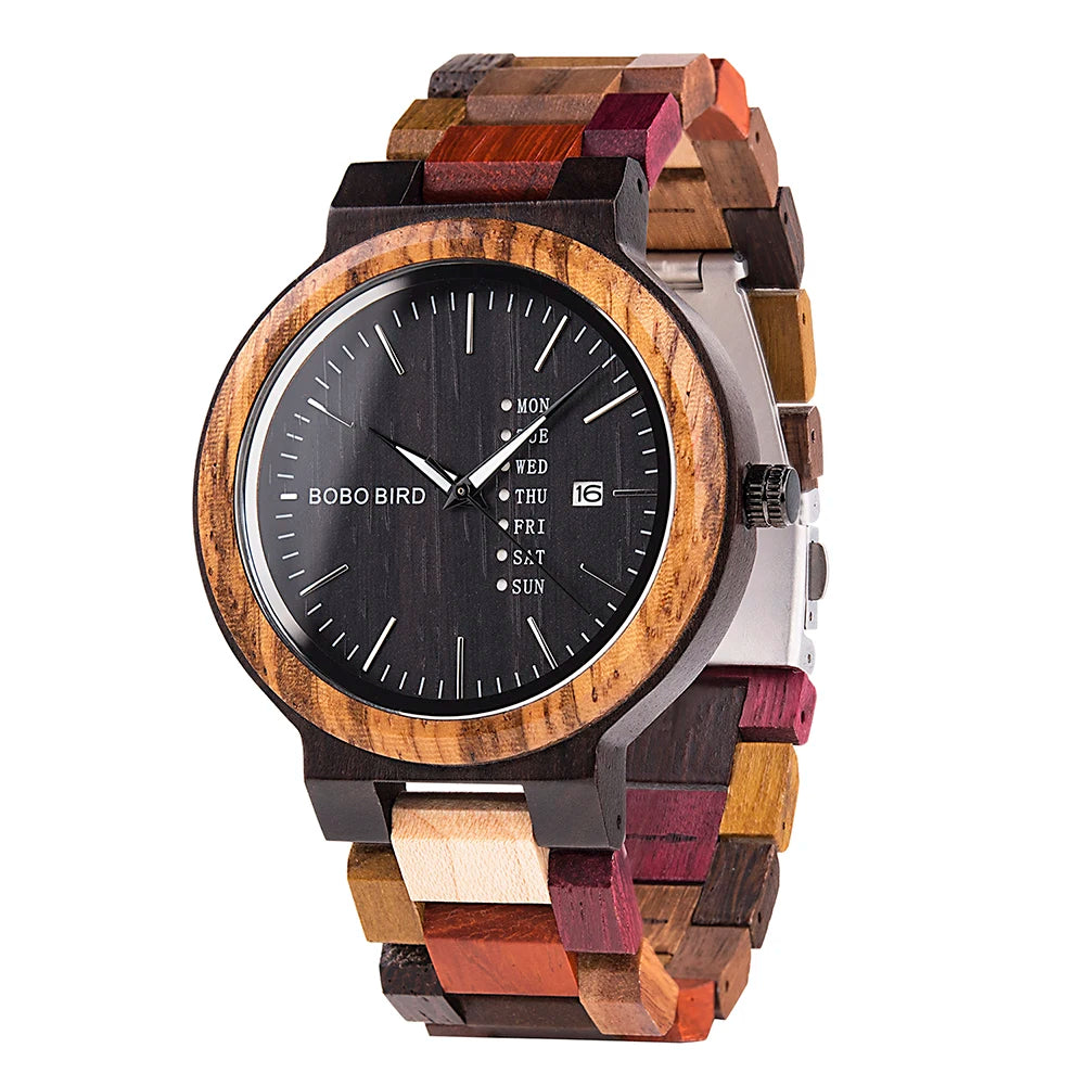 Men’s quartz watch simple fashion new couple wooden bobobird top brand timepieces week date display custom unique gift
