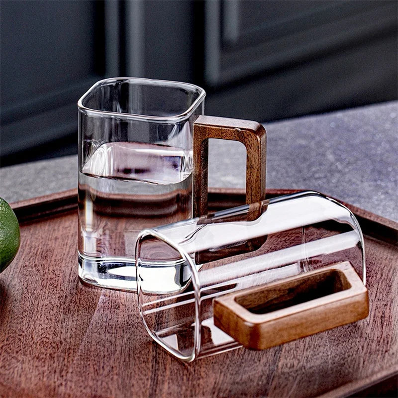 250ml square high borosilicate glass coffee mug with wooden handle heat-resistant tea breakfast milk caffe americano