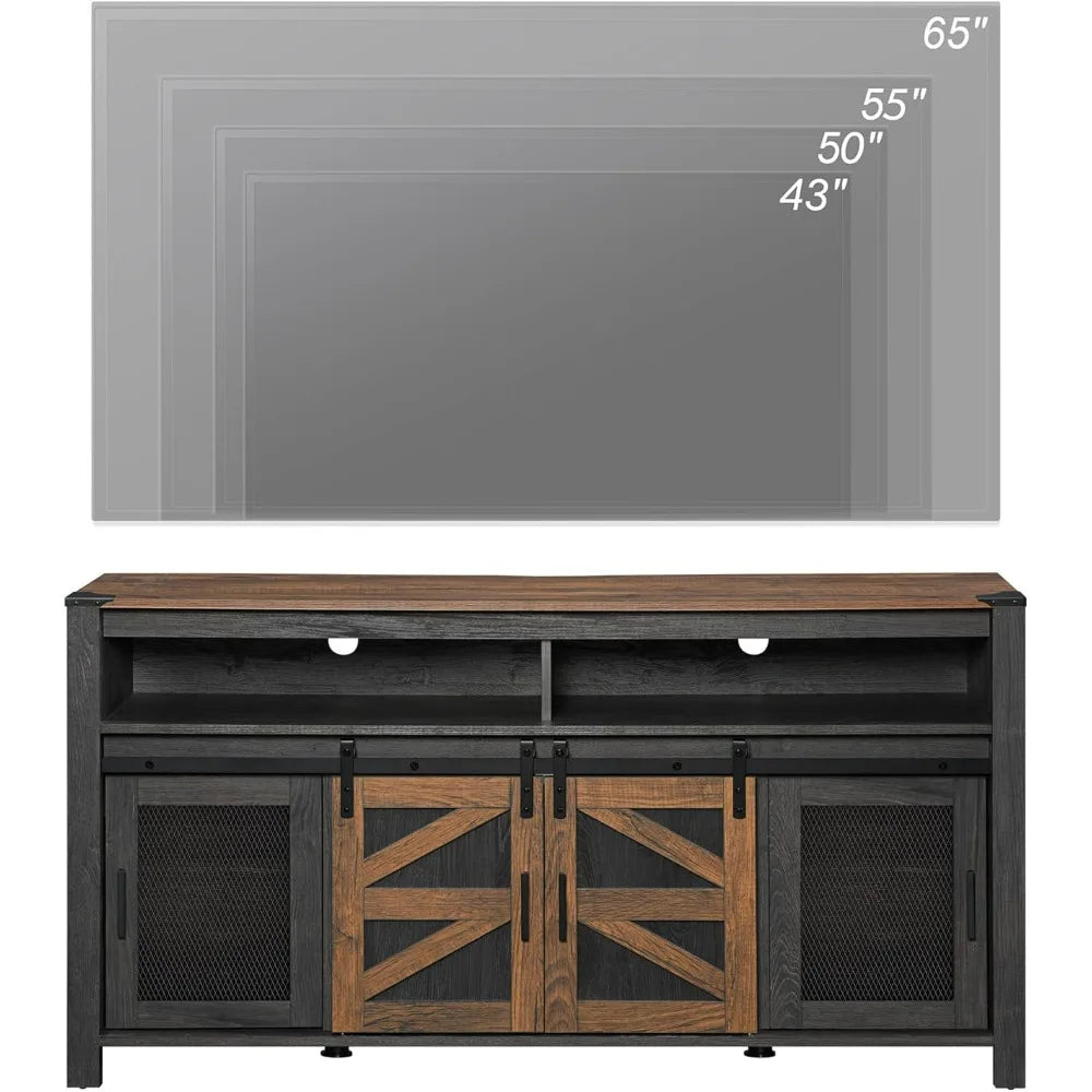 Farmhouse tv stand for 65 inch antique black & brown entertainment center with sliding barn doors and mesh tall medi