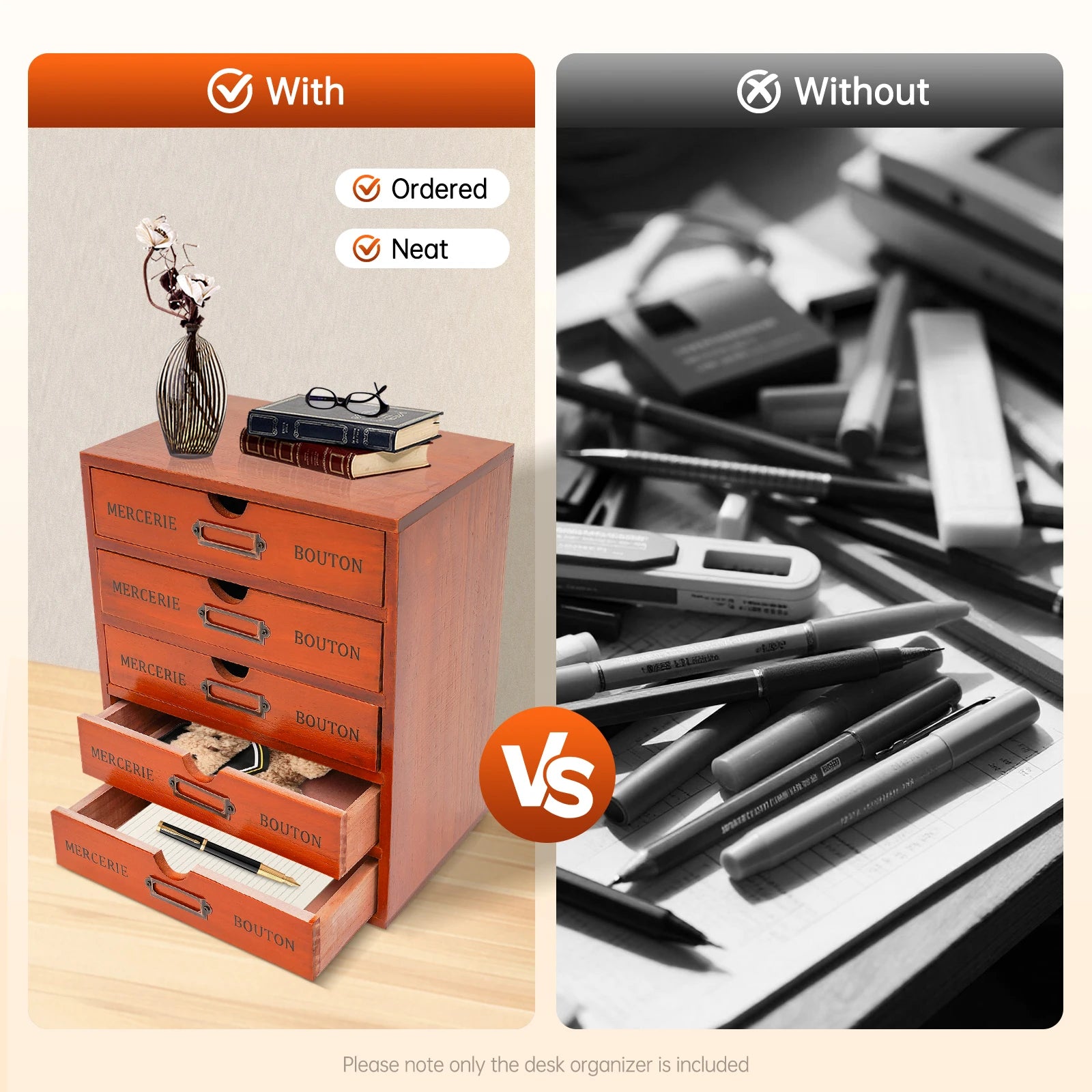 5 drawer wooden desk organizer 23*17.5*5cm storage drawers vintage shelf used in an office study bedroom dresser