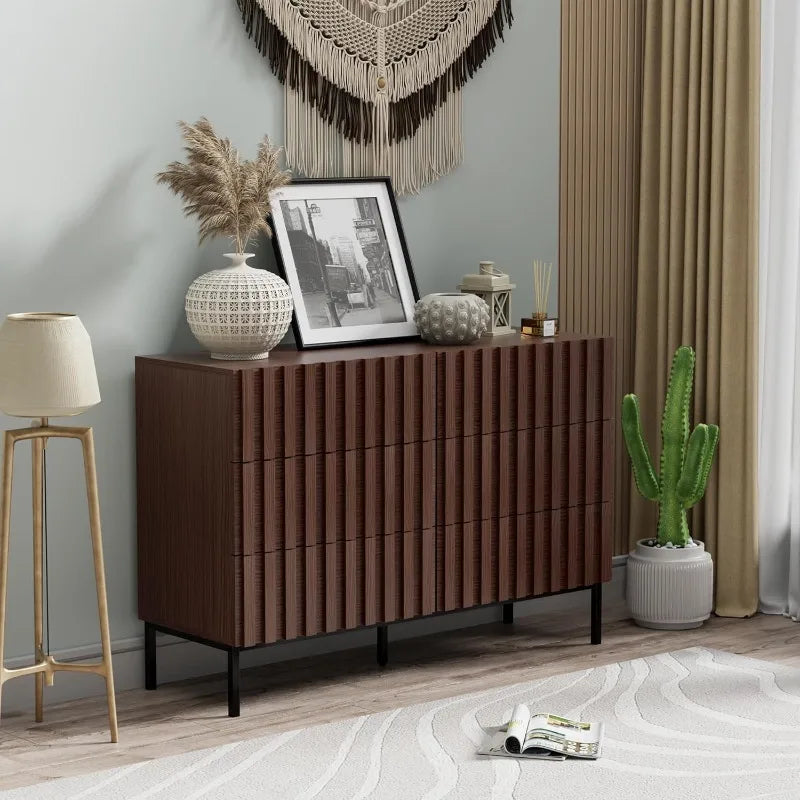 Fluted dresser for bedroom with 6 drawers 47’’ wide large chest of metal stand mid-century wooden tv s - united states