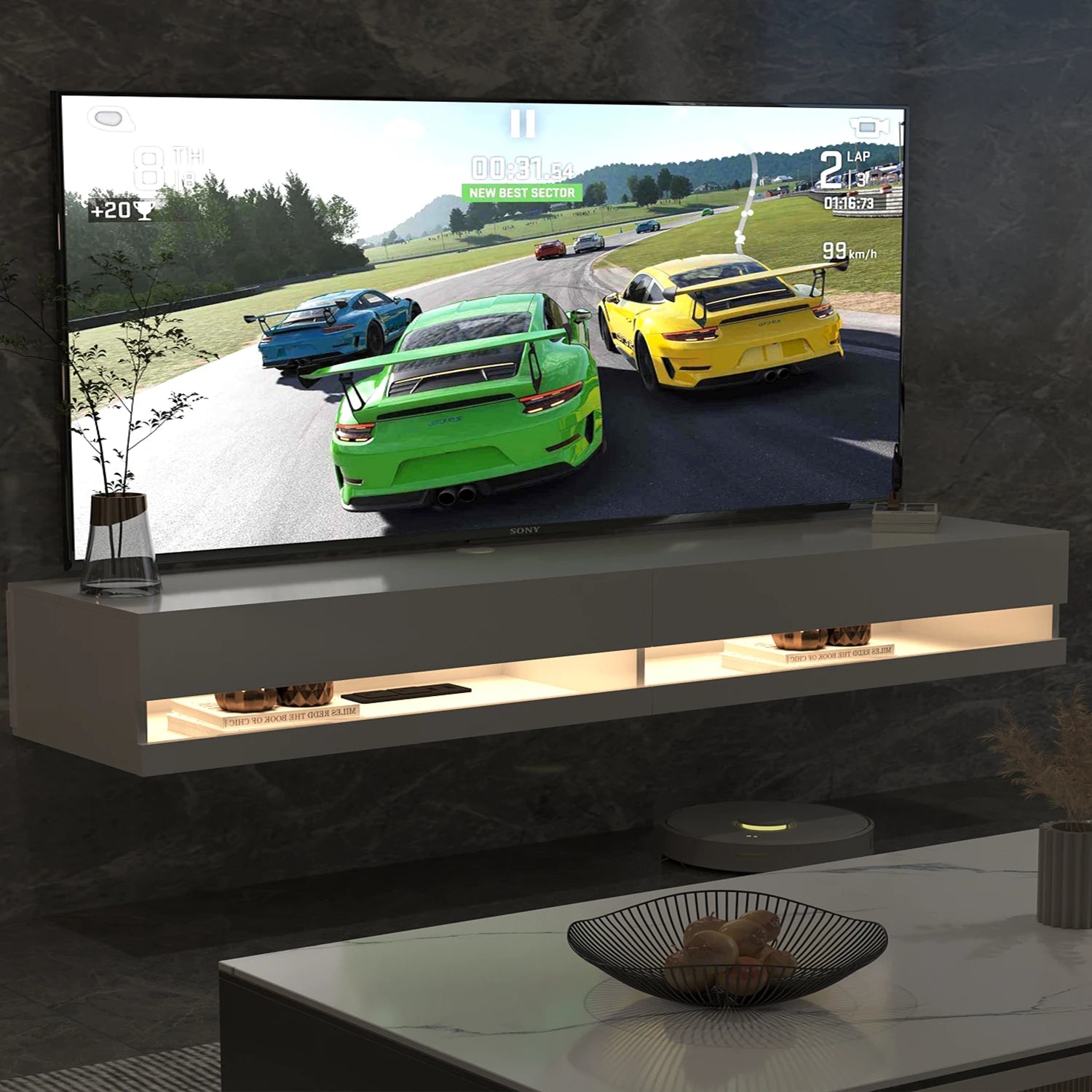 71’’ floating tv stand for 75/80’’ wall mounted led w/power outlets modern high gloss media console white/black