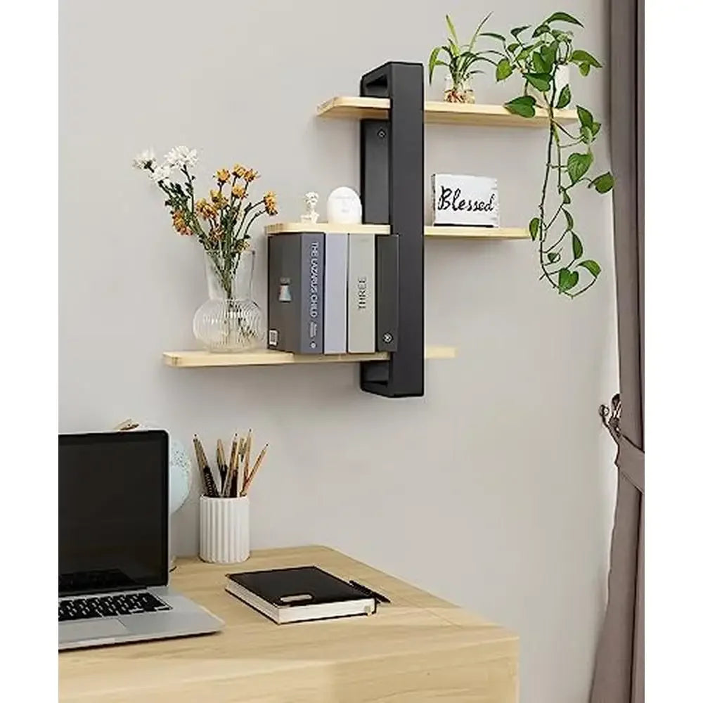 Adjustable floating pine wood wall shelf unit 3 tier mounted shelves office living room decor detachable durable