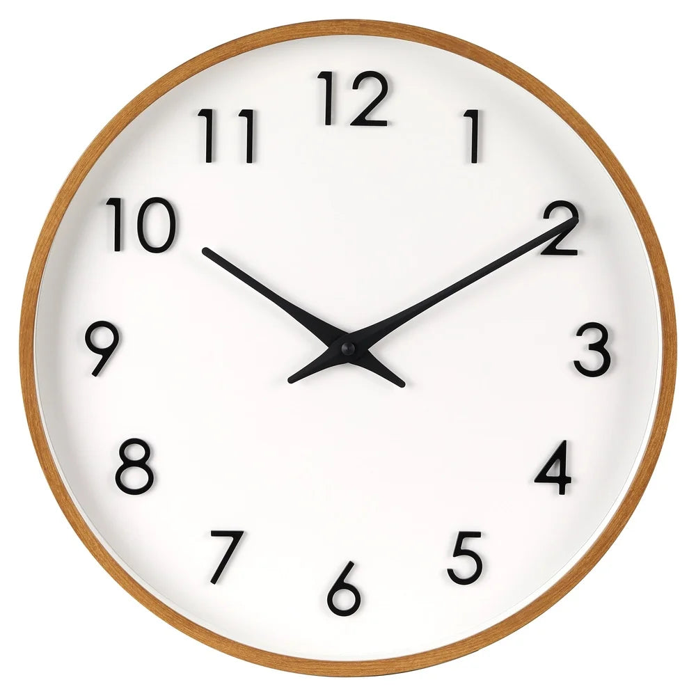 20 inch modern quartz wall clock with raised numerals easy installation warm wood grain finish durable design home