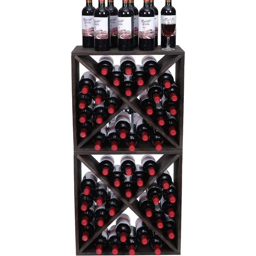 Racks countertop solid wood stackable storage rustic retro cube 48-bottle wooden wine rack cabinet(48bottleblack)