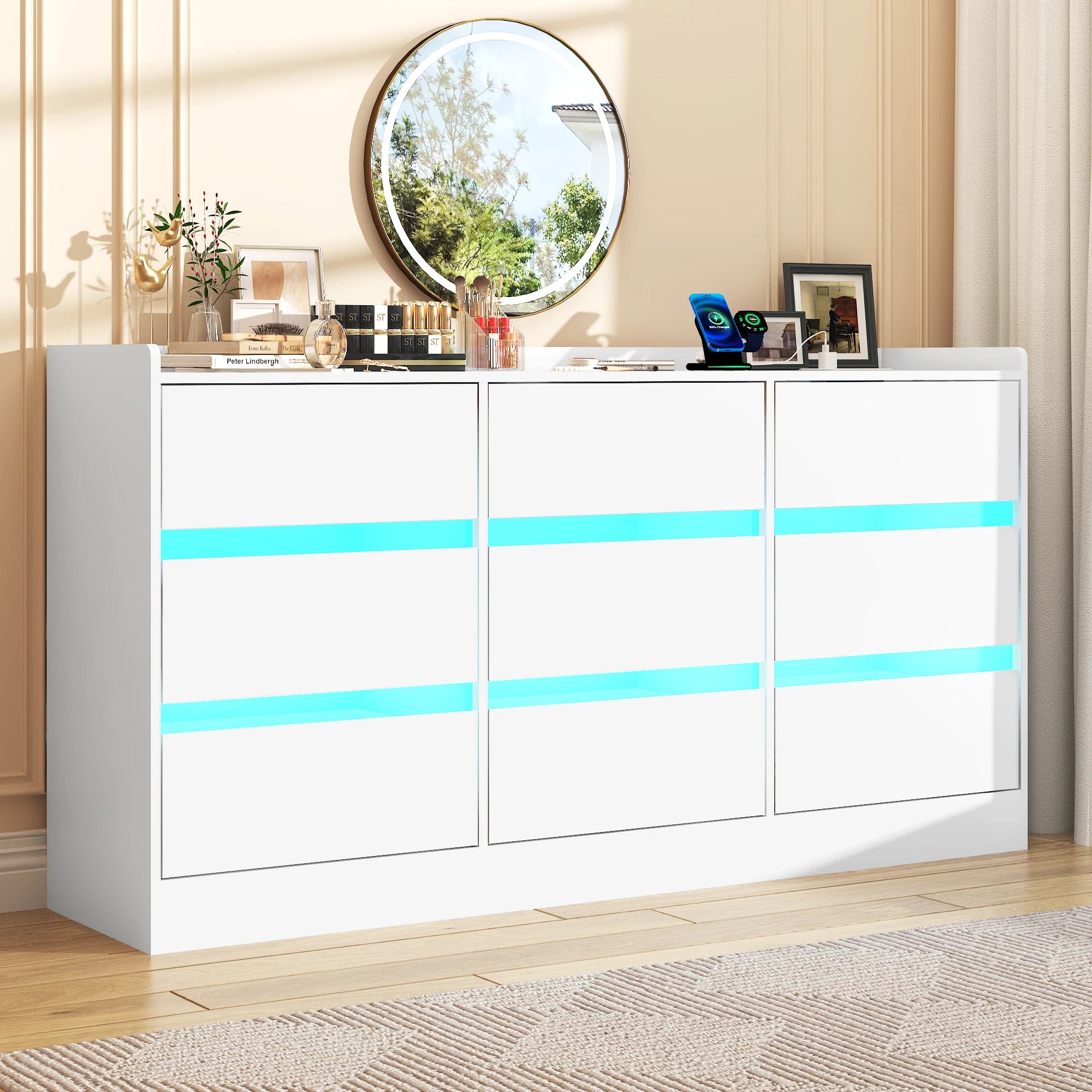 9 drawer dresser with power outlet & led light modern chest of drawers for closet 63’’ organizer cabinet bedroom