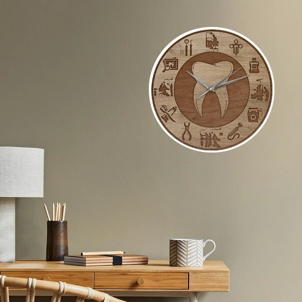 Dental design wood texture acrylic print wall clock silent move watch dentist clinic decor orthodontics art hygienist
