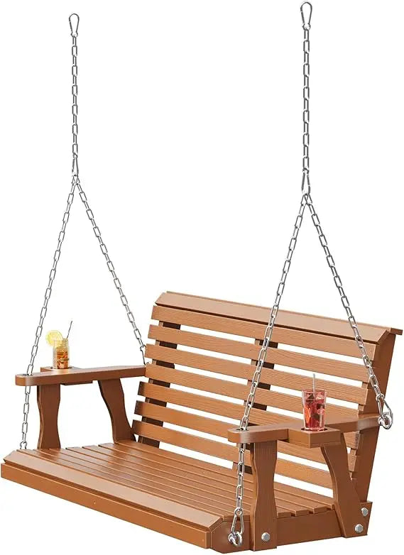 Outdoor porch swing bench with cup holders - 2-seater wooden for patio garden backyard comfort - united states / brown