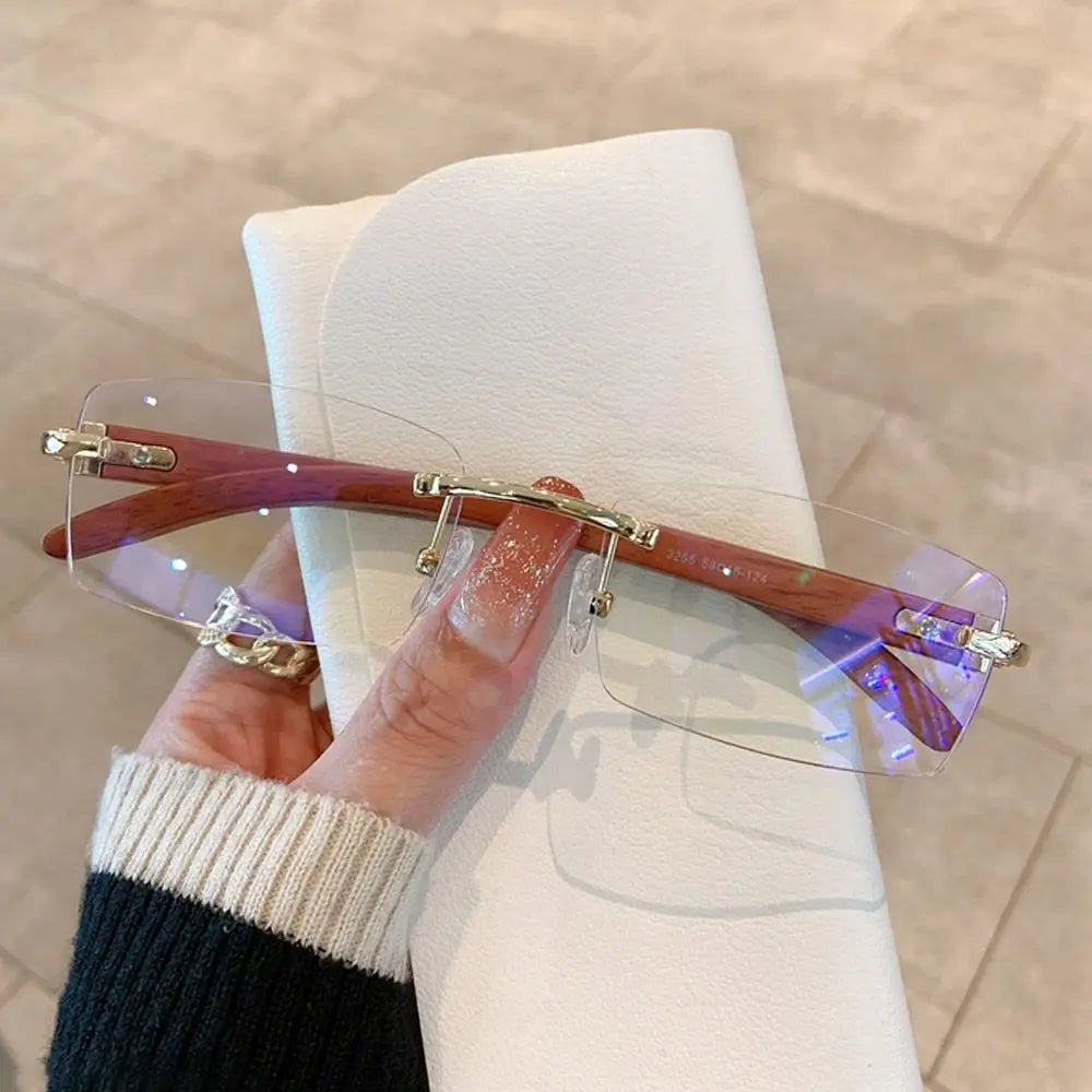 Rimless sunglasses men women wooden pattern luxury brand retro square sun glasses fashion shades uv400 travel outdoor