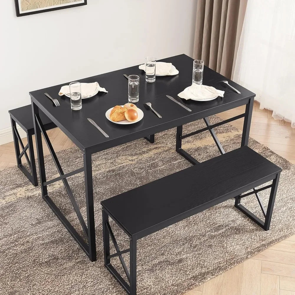 Wooden kitchen table set with metal frame 4-seater dining for breakfast nook and compact spaces - united states / black