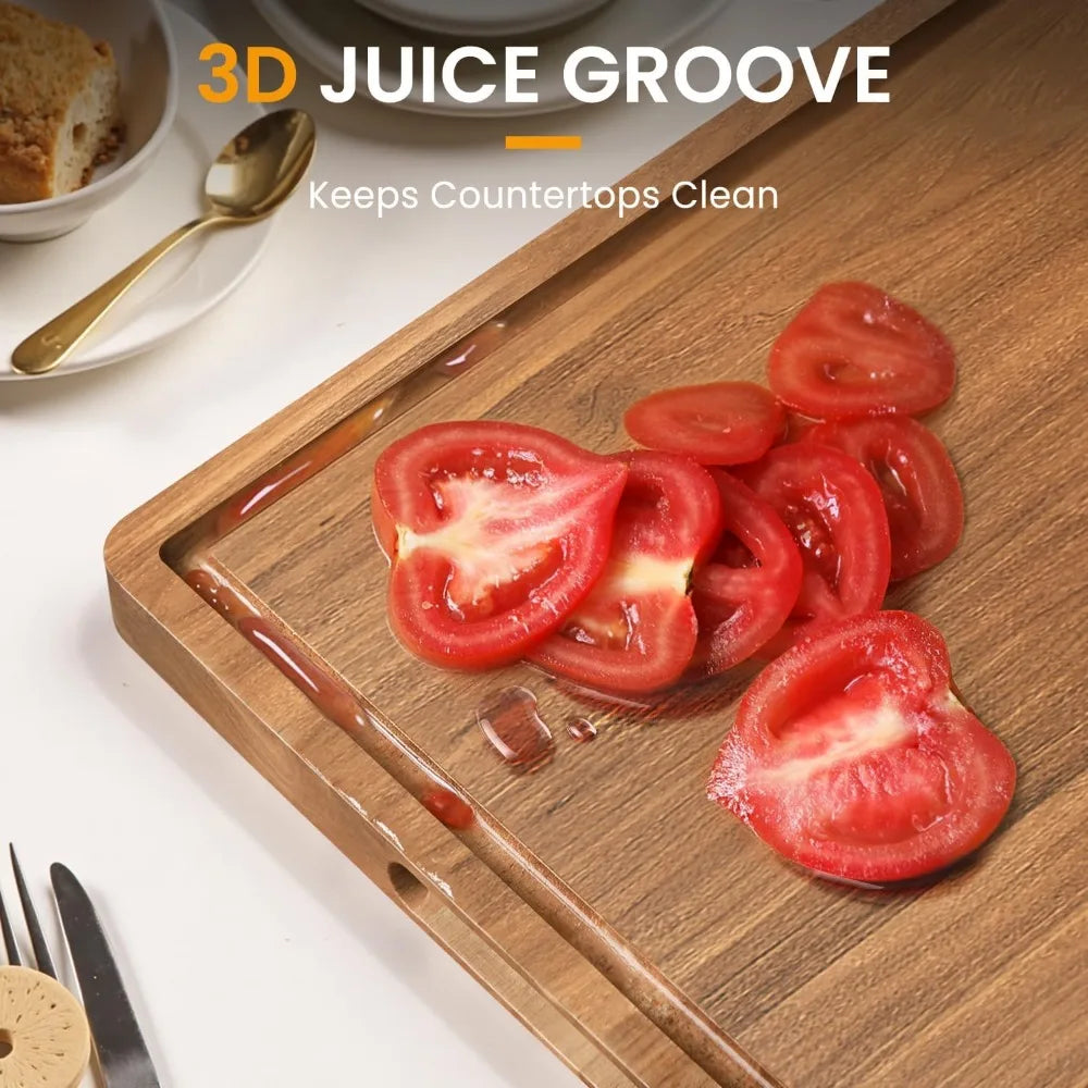 Acacia wood cutting board for kitchen,20x15x1.2 inch butcher block with juice grooves and side handles large