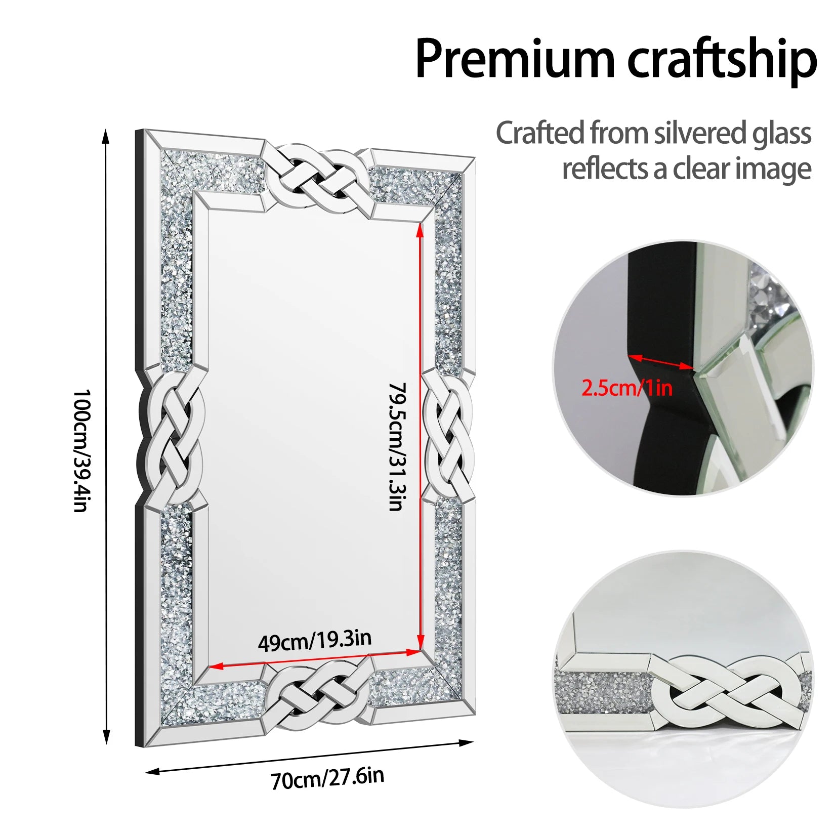 90/100/120cm large crystal crush diamond mirror vanity silver decorative wall hang for bedroom hallway living room