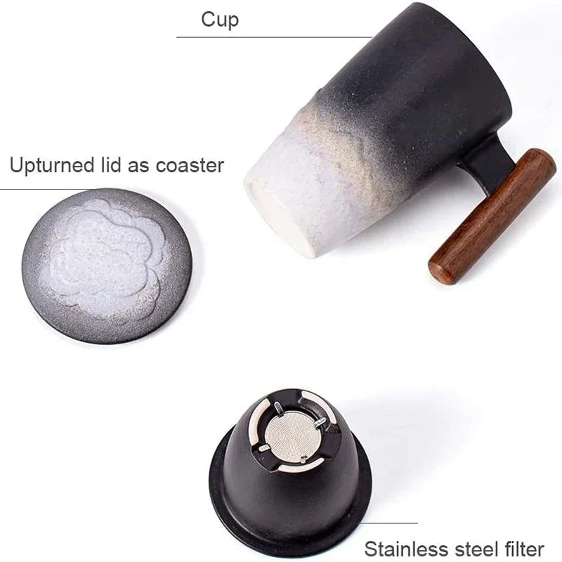 Luxury ceramic bubble tea cup vintage large thermal coffee mug breakfast cups beer tableware wooden handle personalized