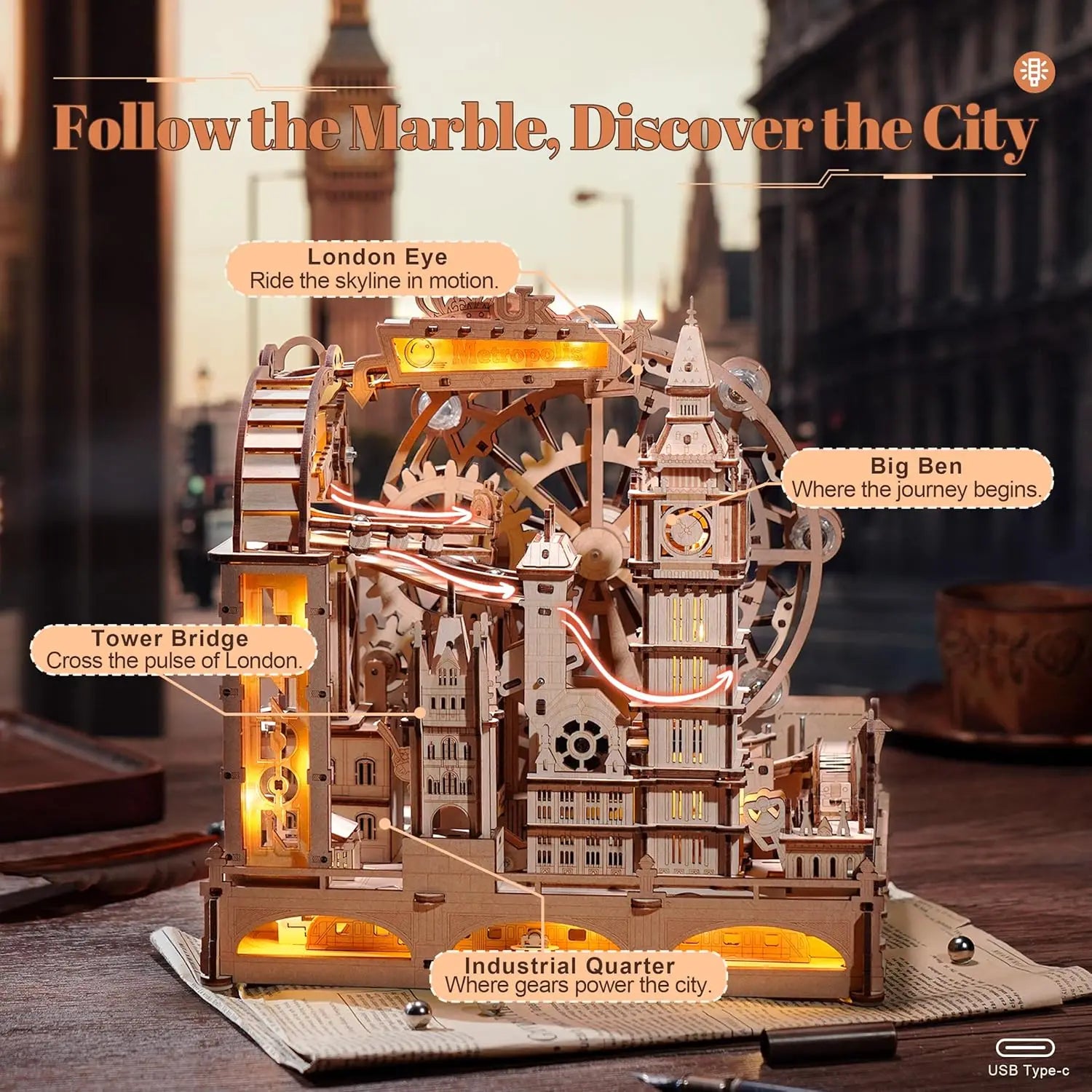Robotime rokr 3d wooden puzzles london city miniature marble run building toys diy pinball machine model kits gear ball