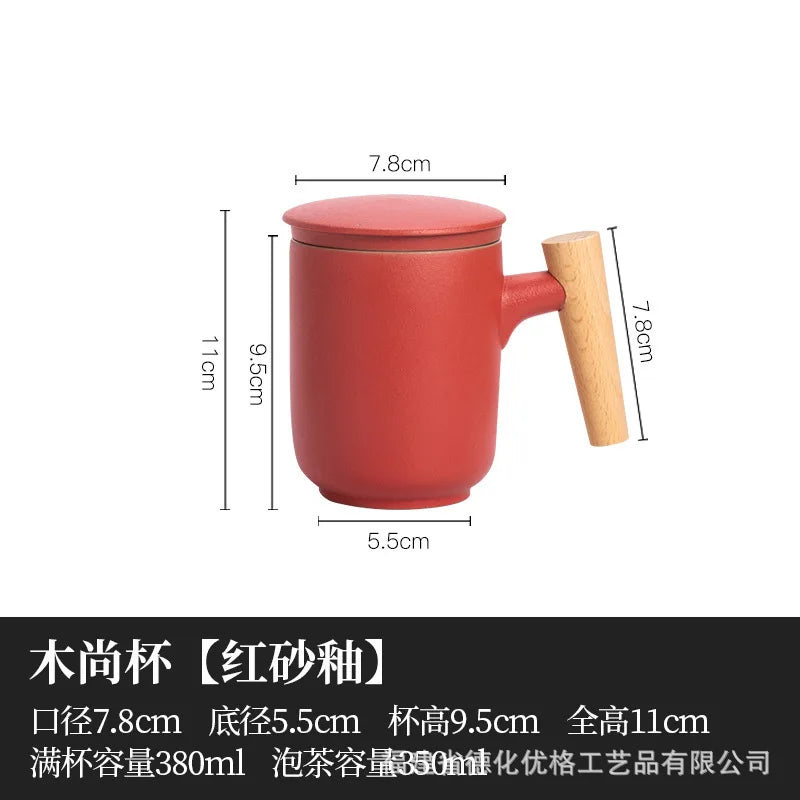 380ml teacup mugs with dustproof lid tea filter heat resistant infuser coffee cup wooden handle personal mug - c