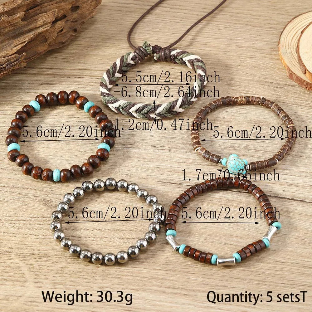 5-piece bohemian sea turtle vintage wooden shell wax rope woven bracelet set - united states / 5pcs