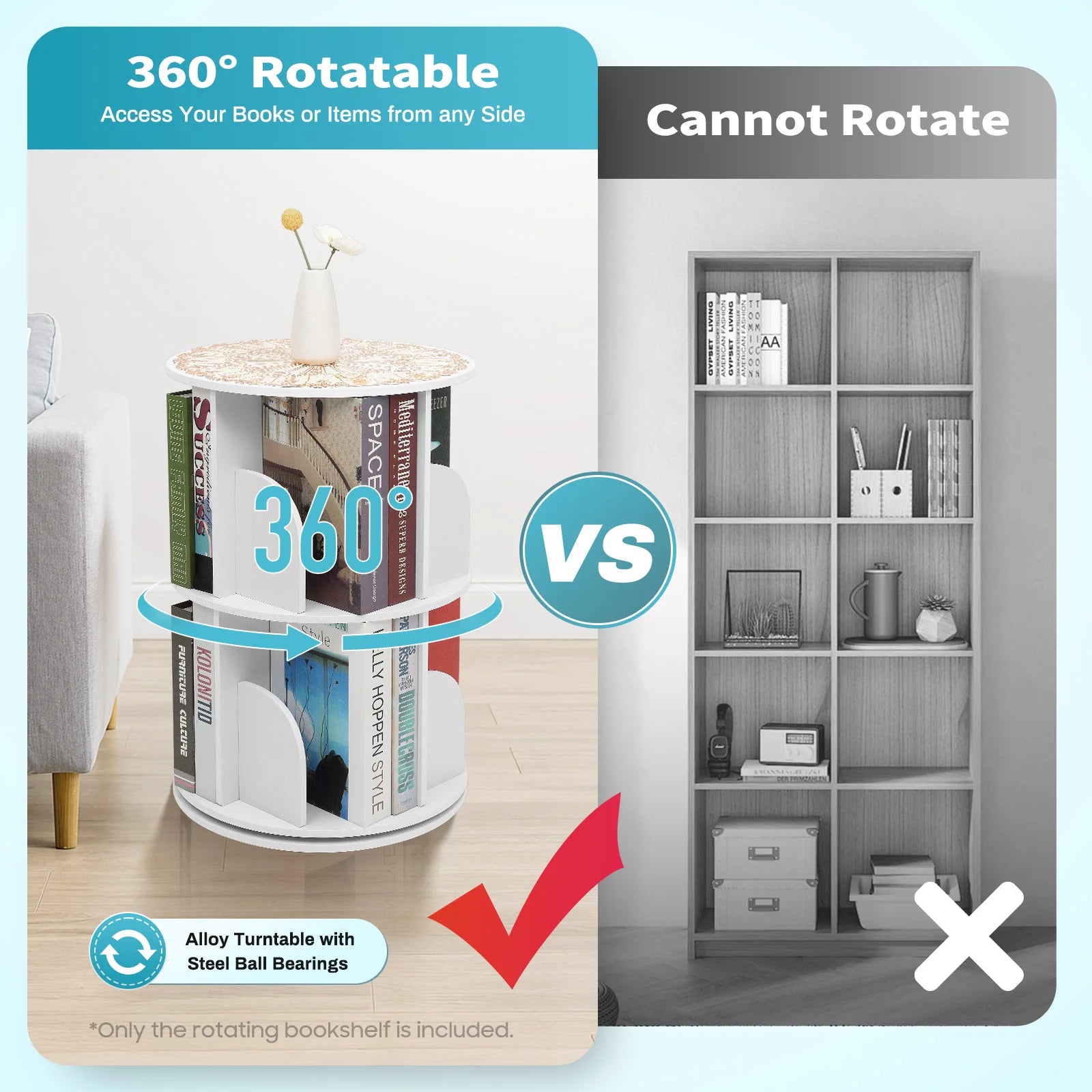 2-tier solid wood rotating bookshelf 360 display wooden spinning bookcase storage rack floor standing revolving tower