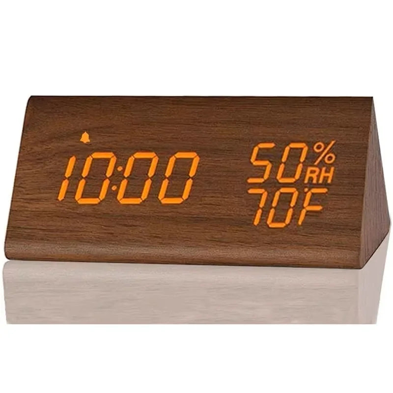 Wooden alarm clock led time display usb charger humidity and temperature detection digital for bedside table - brown
