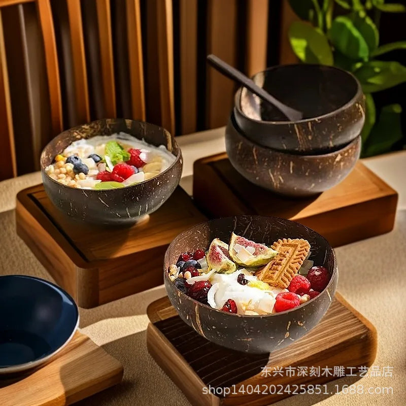1/5pcs coconut bowl wooden spoon set smoothie kitchen tableware dessert fruit salad mixing rice ramen natural bowls