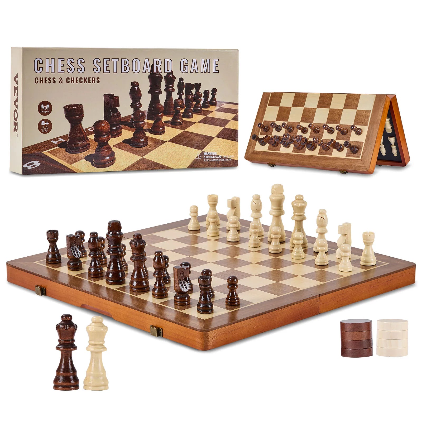 Succebuy 15inch magnetic wooden chess set 2-in-1 checkers game folding board games for adults kids 2 queens port