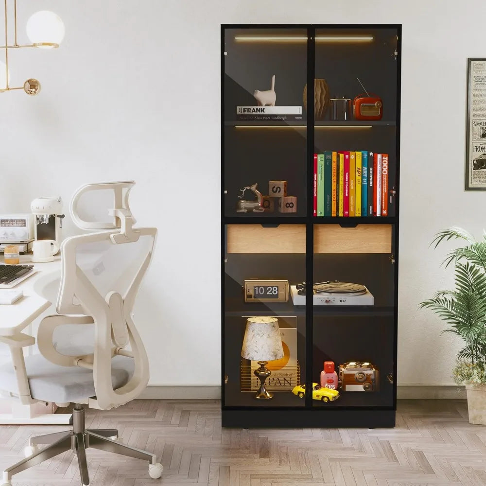 Display cabinet with glass doors tall storage 3 color lights curio case 4-tier shelves