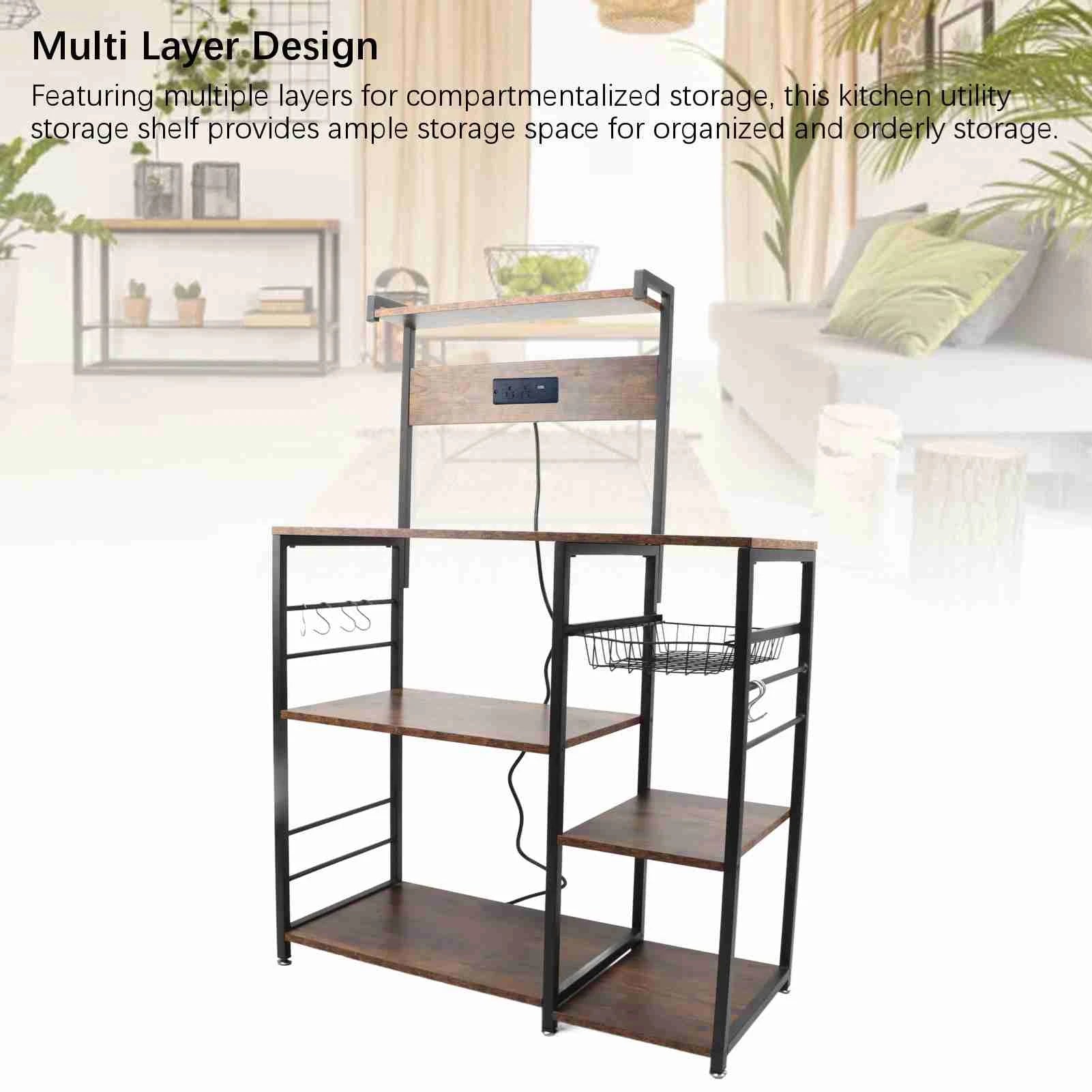Kitchen bakers rack steel wood multi tier microwave oven stand rust resistant coffee bar station utility storage shelf