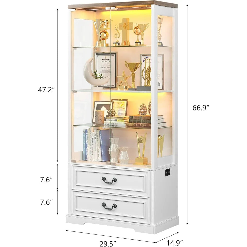 Display cabinet with glass doors,67’’ adjustable shelf 2 drawers and 4 tier curio cabinet,tall bookcase 3 color