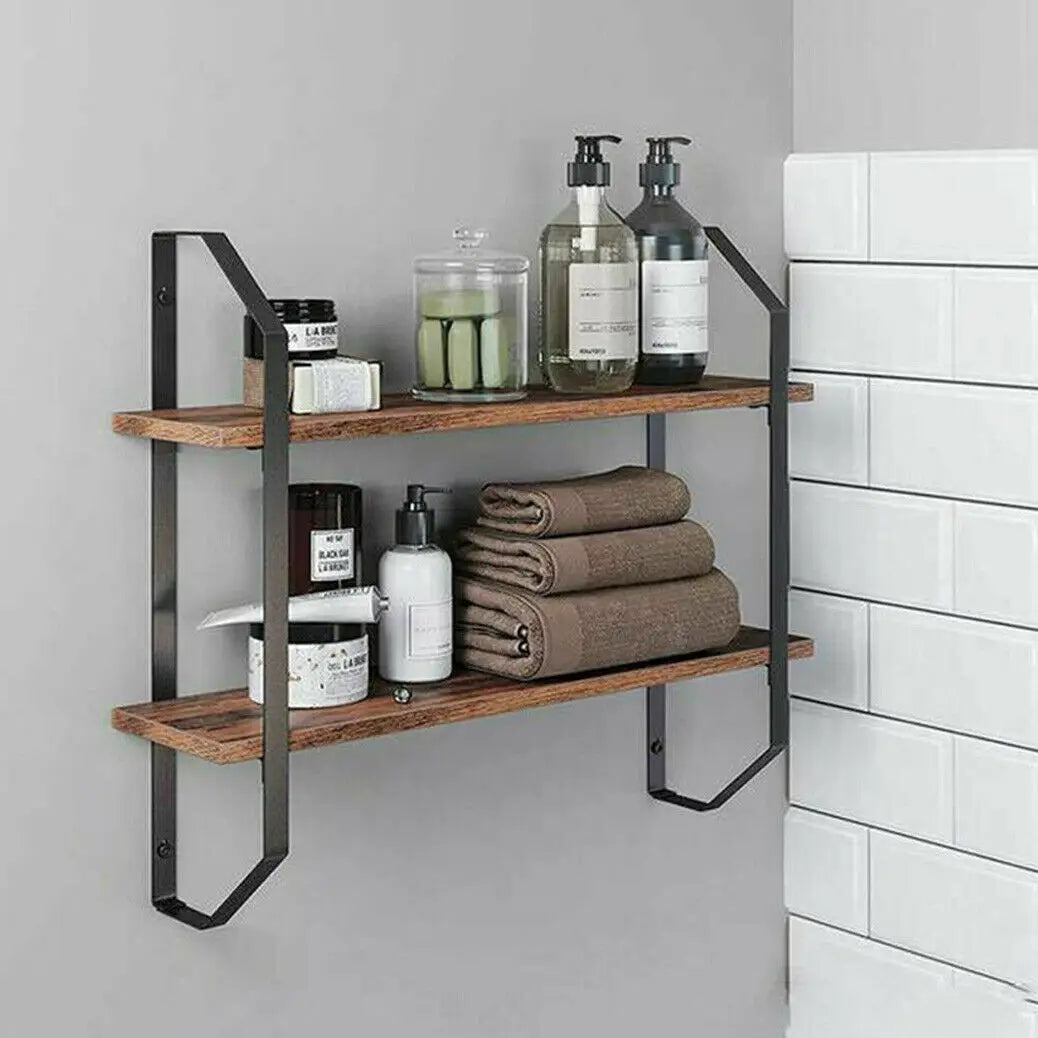 Wall mounted rack display wood shelves rustic 2-tier storage shelf for bedroom living room
