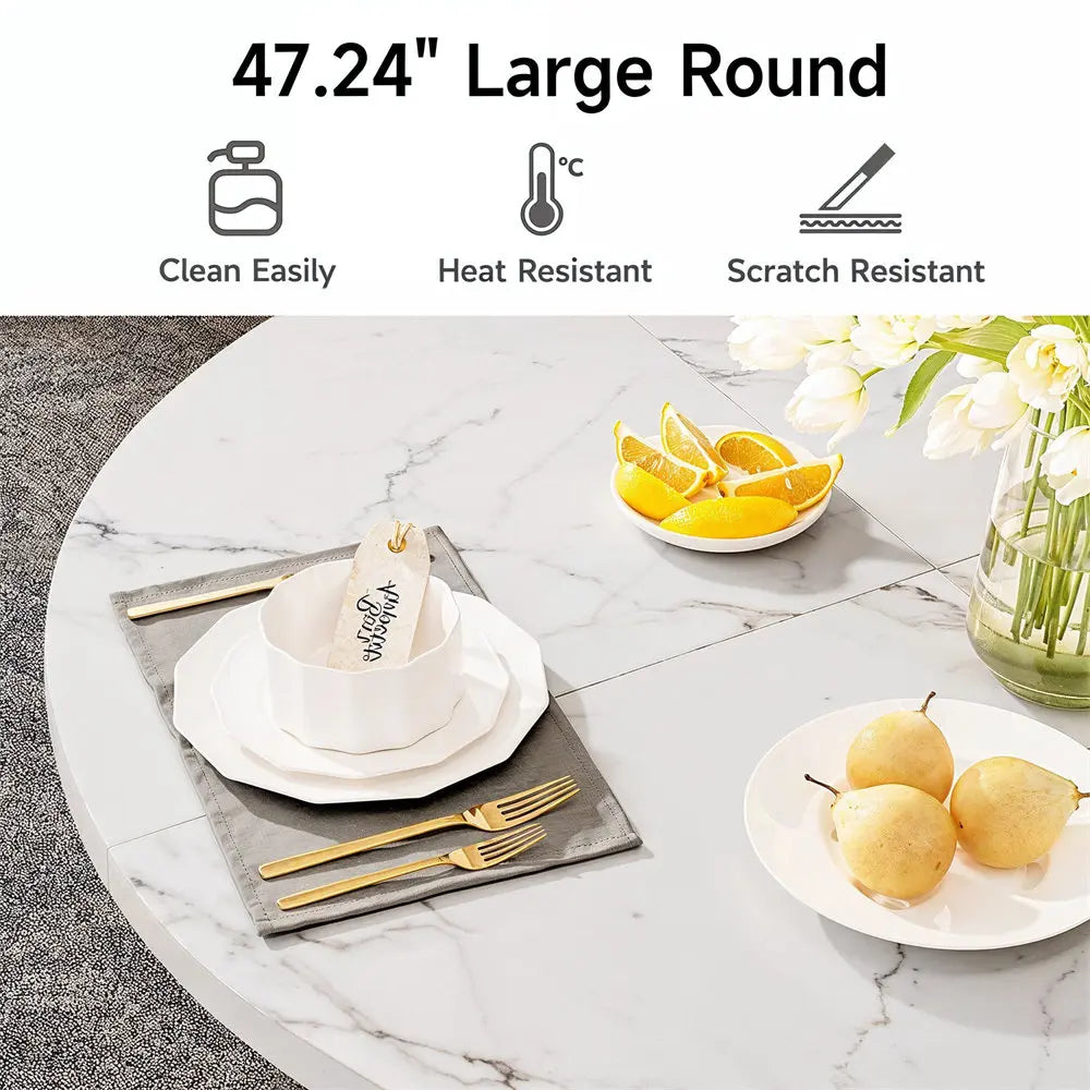 47.24 inch round dining table kitchen for 4 people wooden marble pattern dinner room with gold base home office - (a)