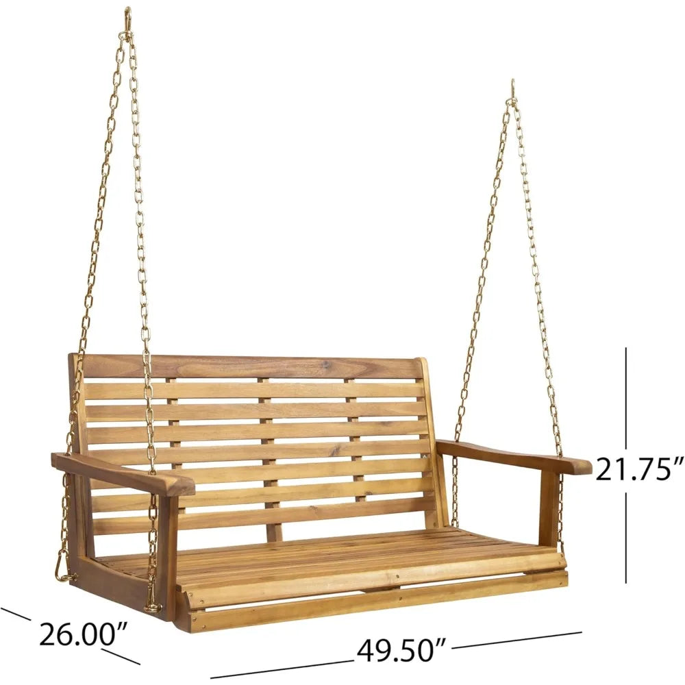 Wooden porch swing 2-seater classic slat design hanging chair with durable acacia frame water-resistant outdoor bench