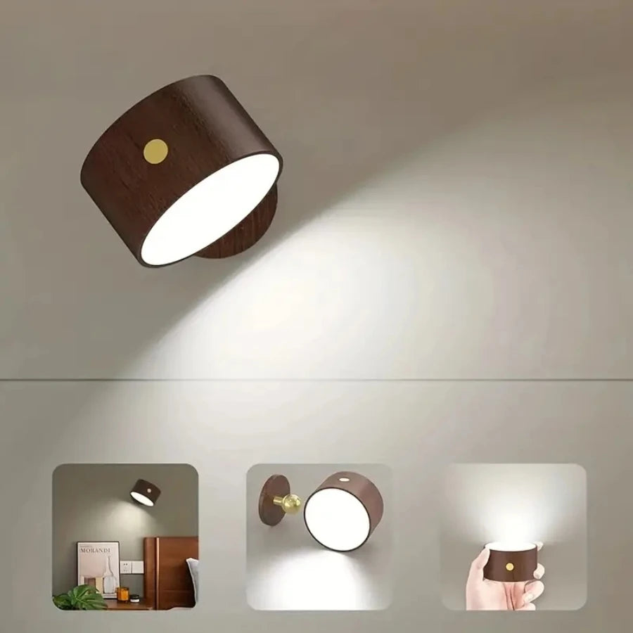 1 pc new wood usb rechargeable 360 degree rotate magnetic wall lamp touch control led mounted reading light for bedroom