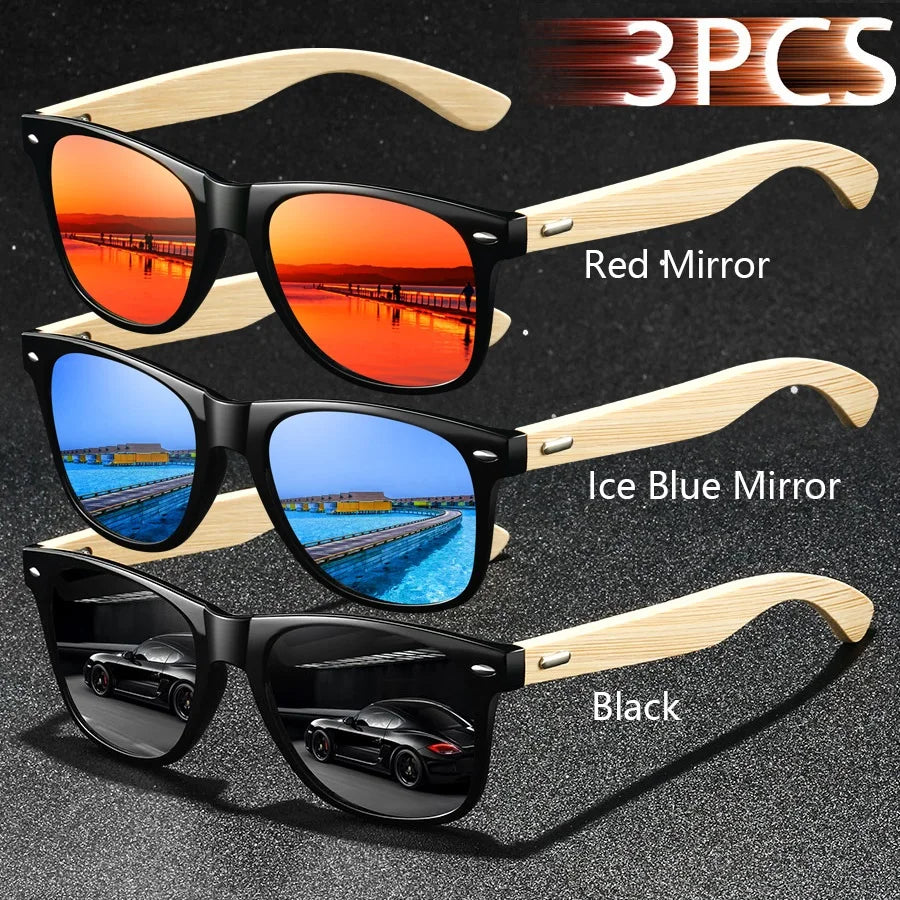 3pcs fashion vintage bamboo wood square sunglasses men women fishing driving man luxury brand designer sun glasses