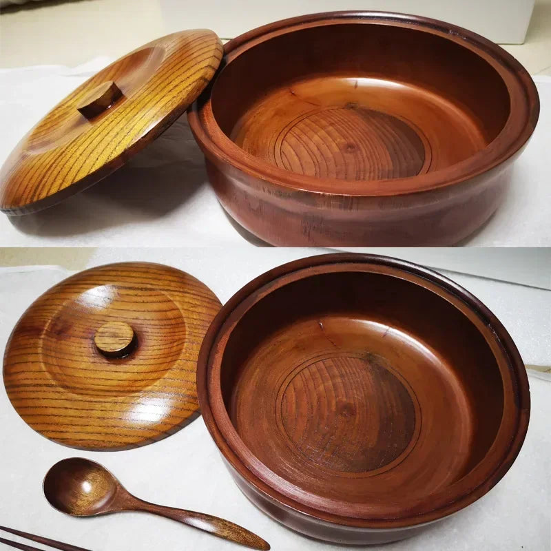 Solid wooden bowl with lid wooden salad reusable serving for salad fruits cereal soup rice everyday use durable