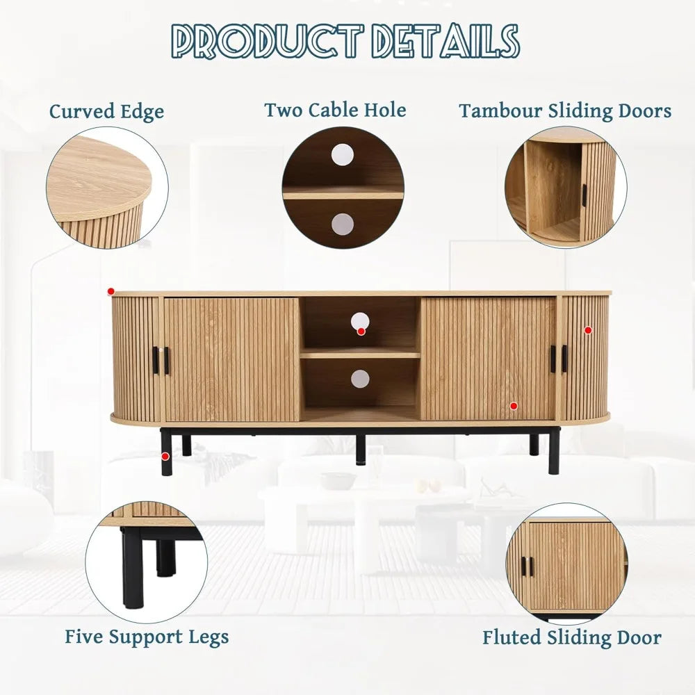 62’’ tambour door tv stand,wood mid century modern cabinet for up to 75“ tv,curved edge long stand with storage bedroom