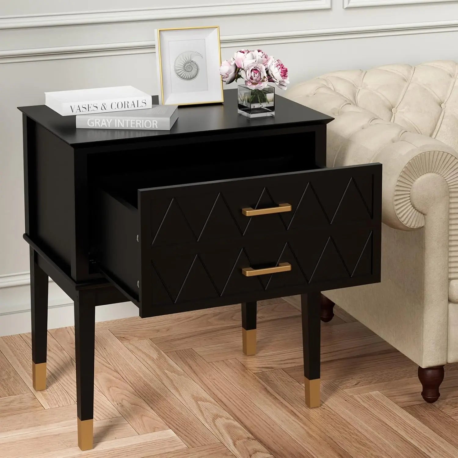 23.6’’ nightstand end table with storage drawer tall wide top wooden legs bedside night in bedro