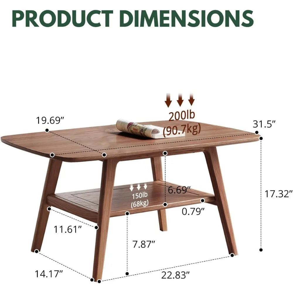 2-tier solid oak wood coffee table - practical center with double storage for small apartments living rooms bedrooms