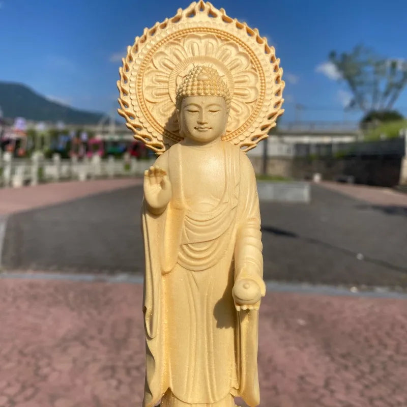 Finely carved wooden medicine buddha statue home altar decoration spiritual art craft for religious gifting - 21cm