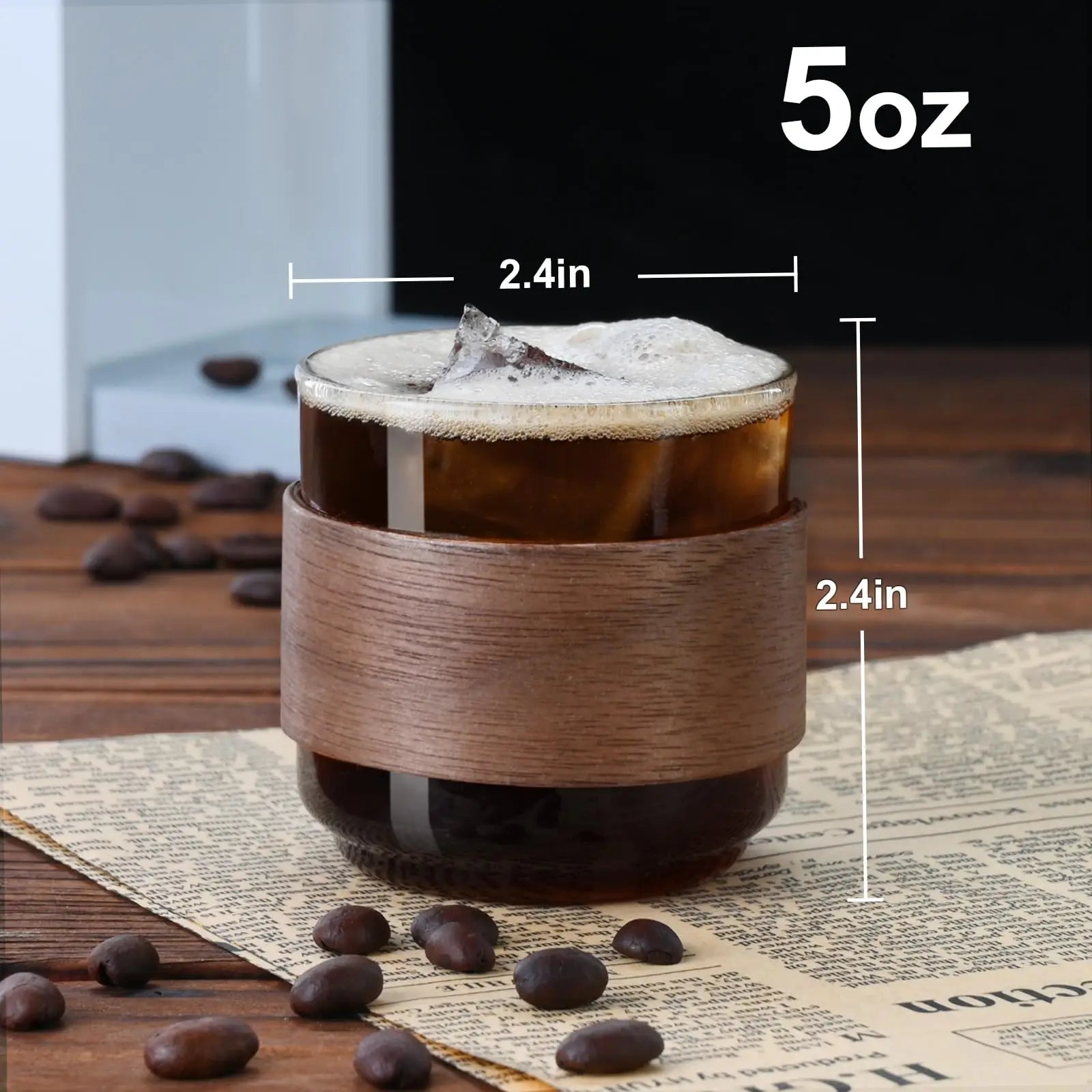 Espresso cups set of 2 with wooden ring 5 oz high borosilicate shot glass clear small expresso shots cup - transparent