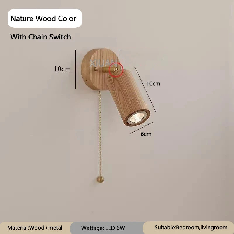 Japanese walnut wood color bedroom bedside wall light zipper switch vintage retro lamp with adjustable spotlight