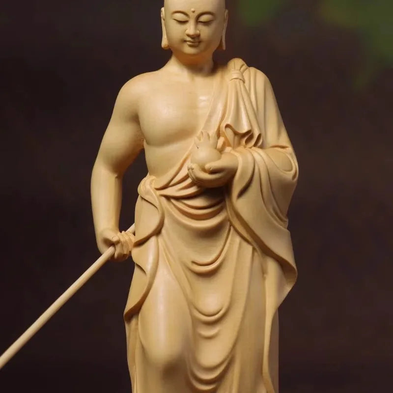 Hinoki wood hand carved ksitigarbha dizang bodhisattva standing statue figurine w/ staff jewel - spiritual ornament