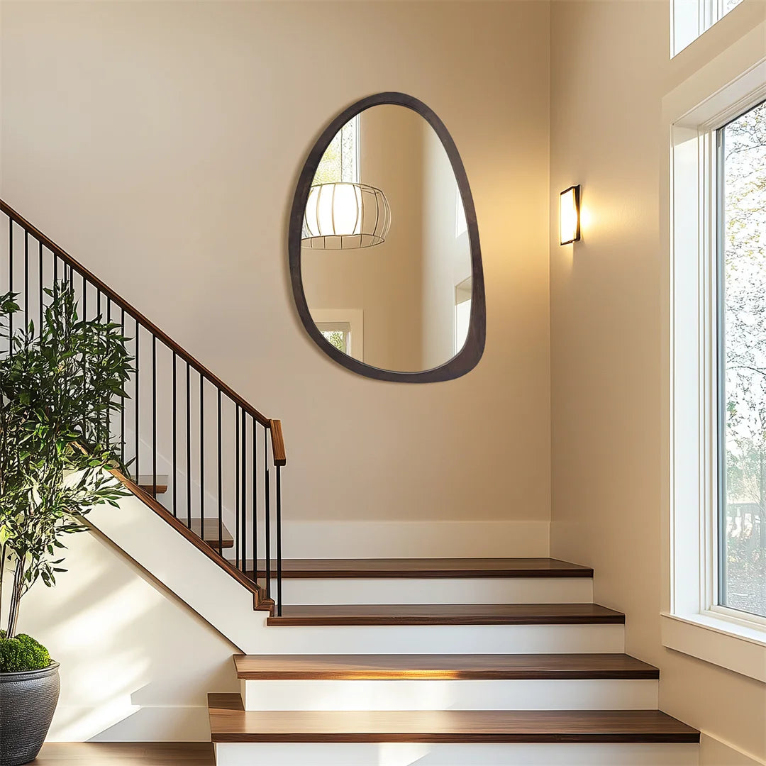 Modern decorative wall mirror black walnut wood frame abstract hanging for entryway living room bedroom decor