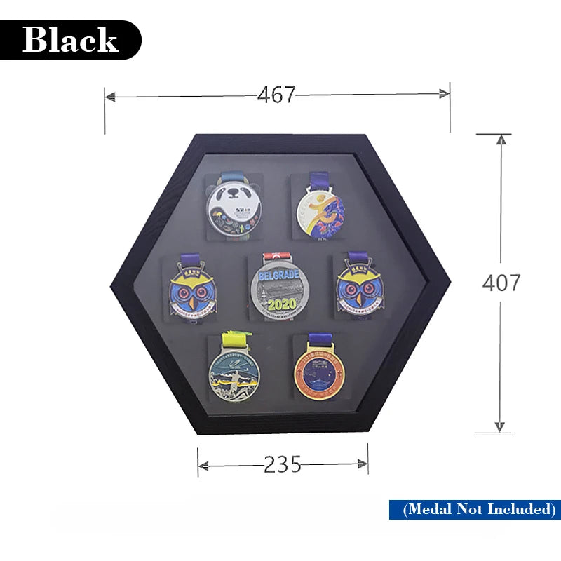 Wooden hexagonal medals frames for marathon display wall mounted picture sports football running swimming - black