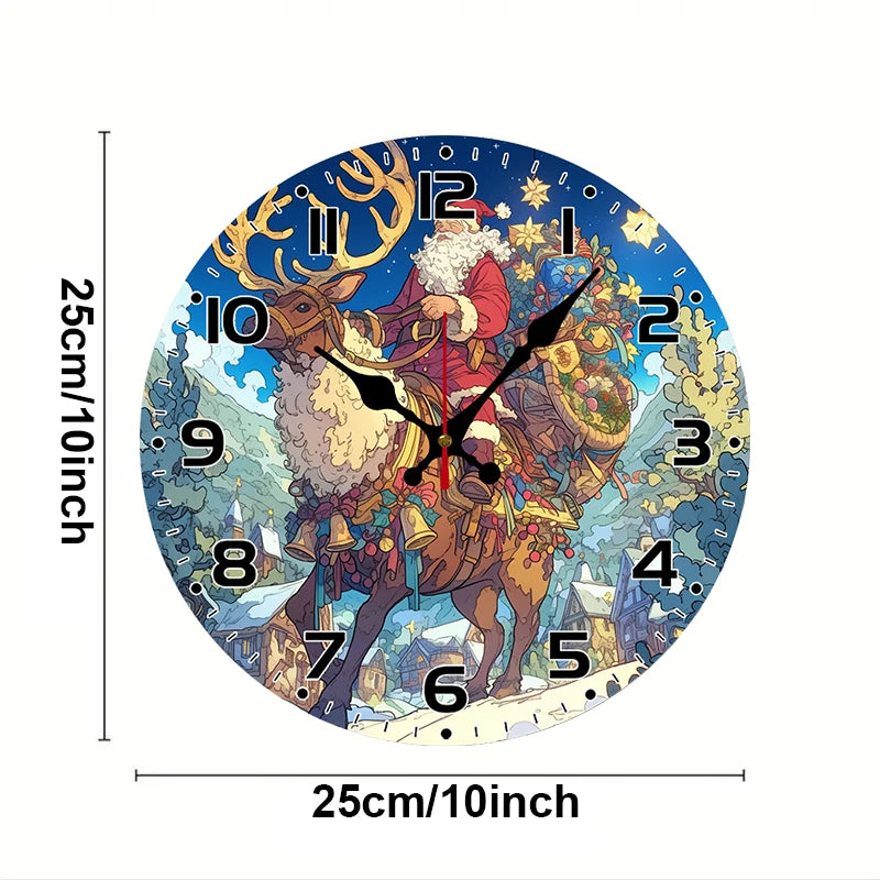 Santa reindeer wooden round silent hanging wall clock suitable for living room office study bedroom home decoration
